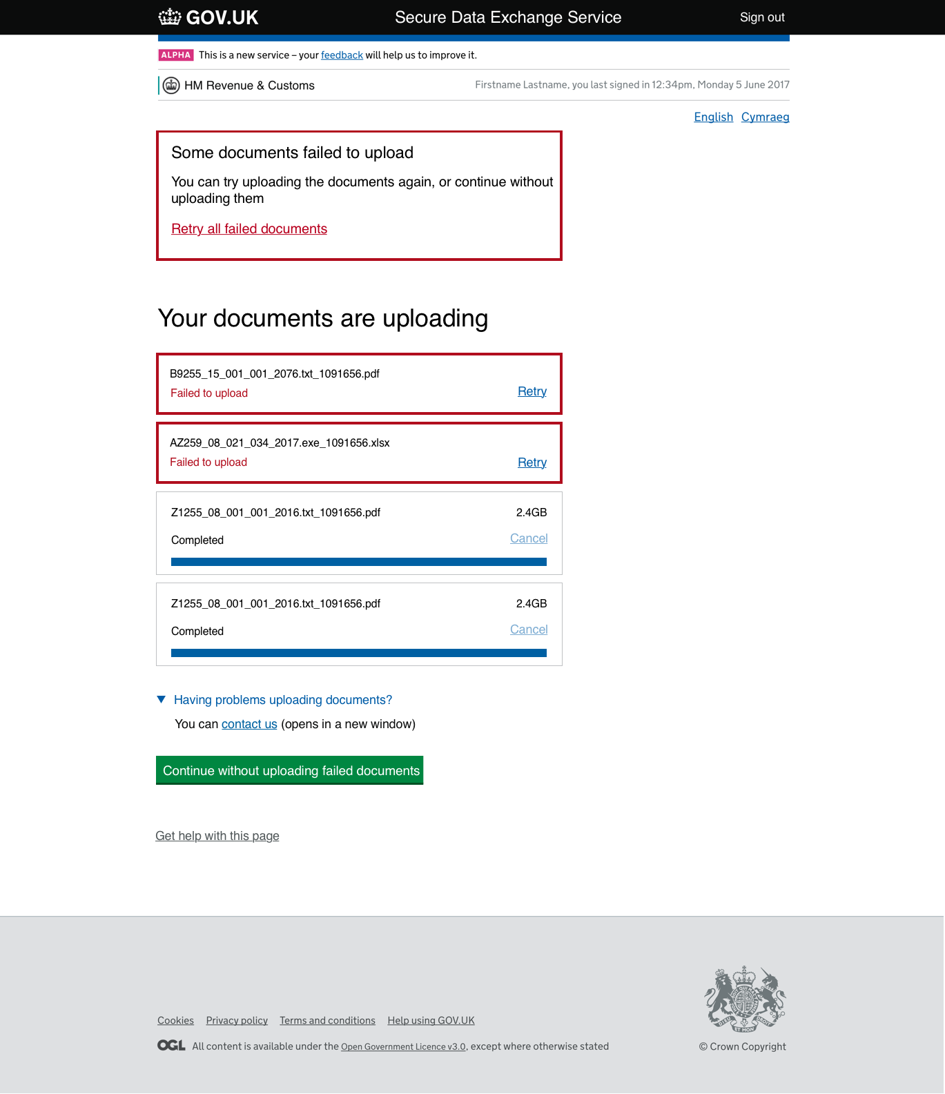 Error states for documents which failed to upload